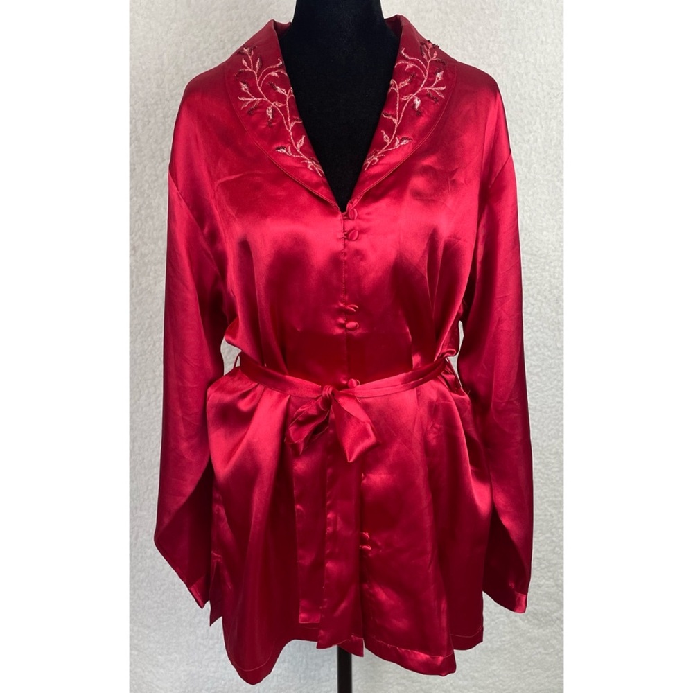 (VTG) PRIVATE LUXURIES • 3-Piece Red Satin Embroidered Pajama Set, L - Picture 16 of 16